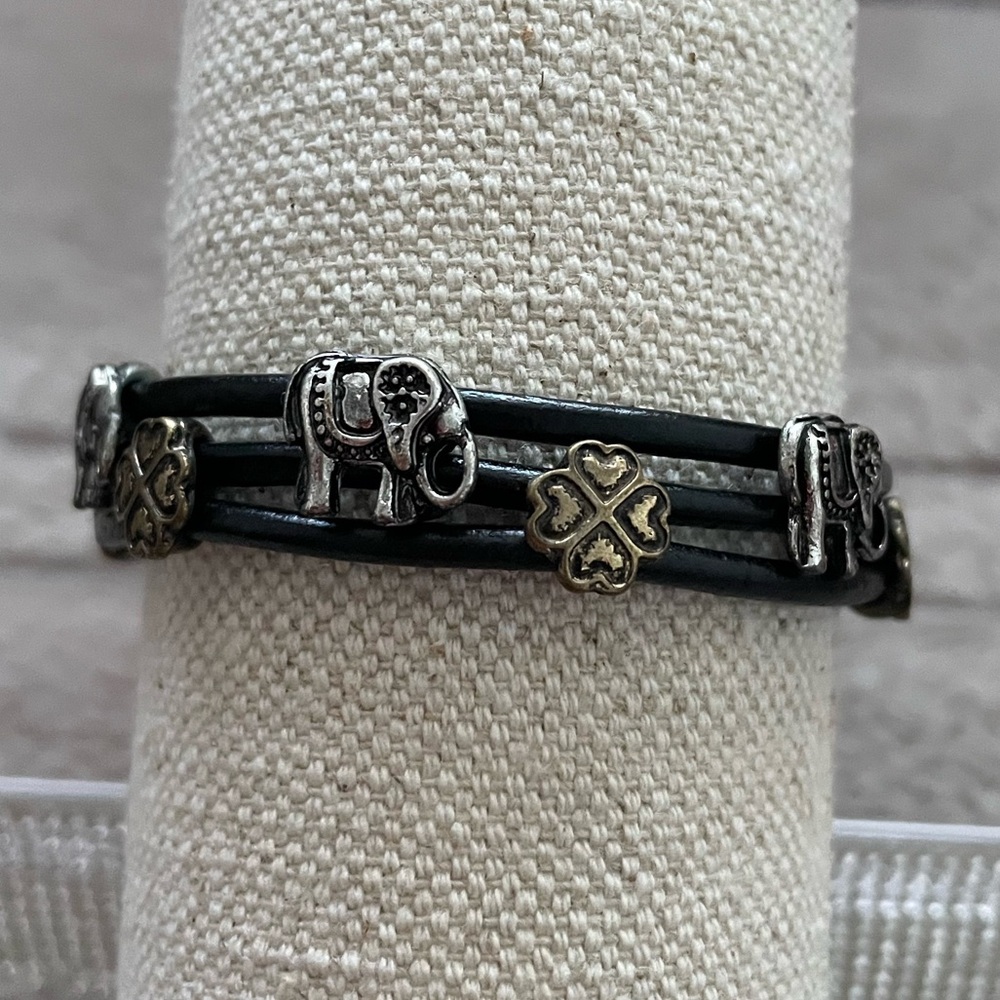 Bohemian Elephant Charm Leather Bracelet with Gold and Silver Accents - Picture 3 of 8